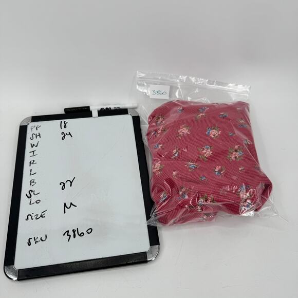 LL Bean Shirt Womens Medium Pink Floral Thermal Waffle Knit Mock Neck Pullover - Picture 8 of 8